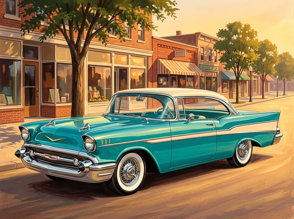 1957 Chevrolet Bel Air V8 Sport Coupe in Turquoise Mist showroom illustration