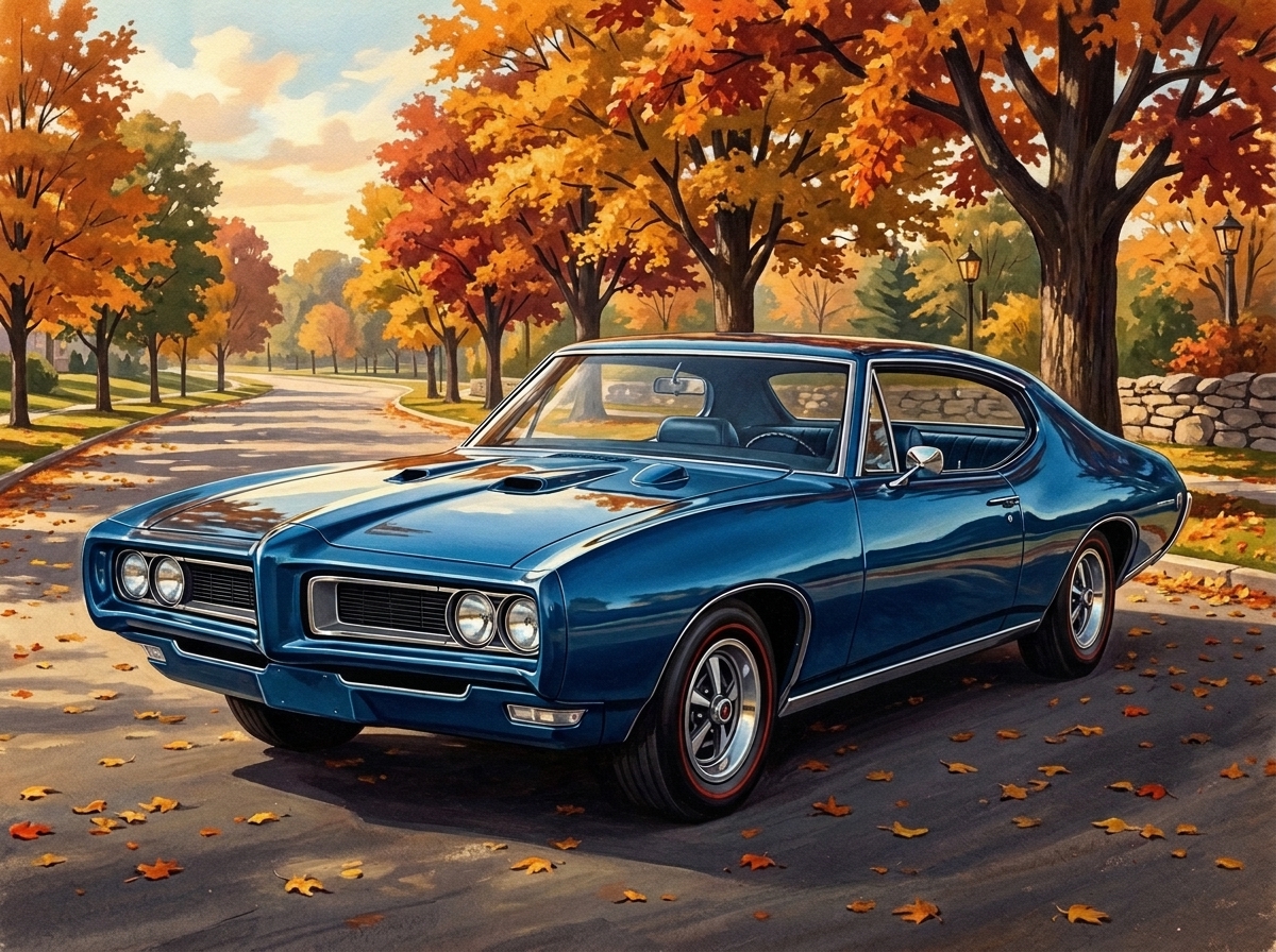 1968 Pontiac GTO 400 Coupe in Marina Blue showroom illustration