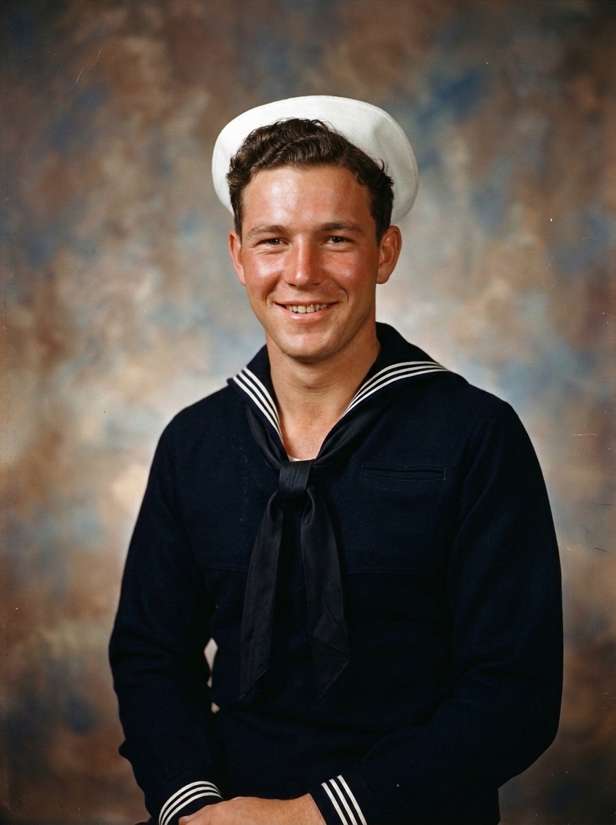 1944 Navy service portrait restored in warm color with classic navy museum mat and gold filet