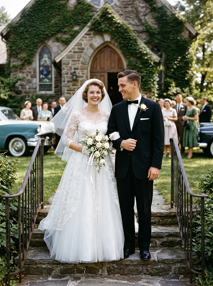 Restored 1950s Kodachrome wedding portrait in a museum linen mat with brass plaque