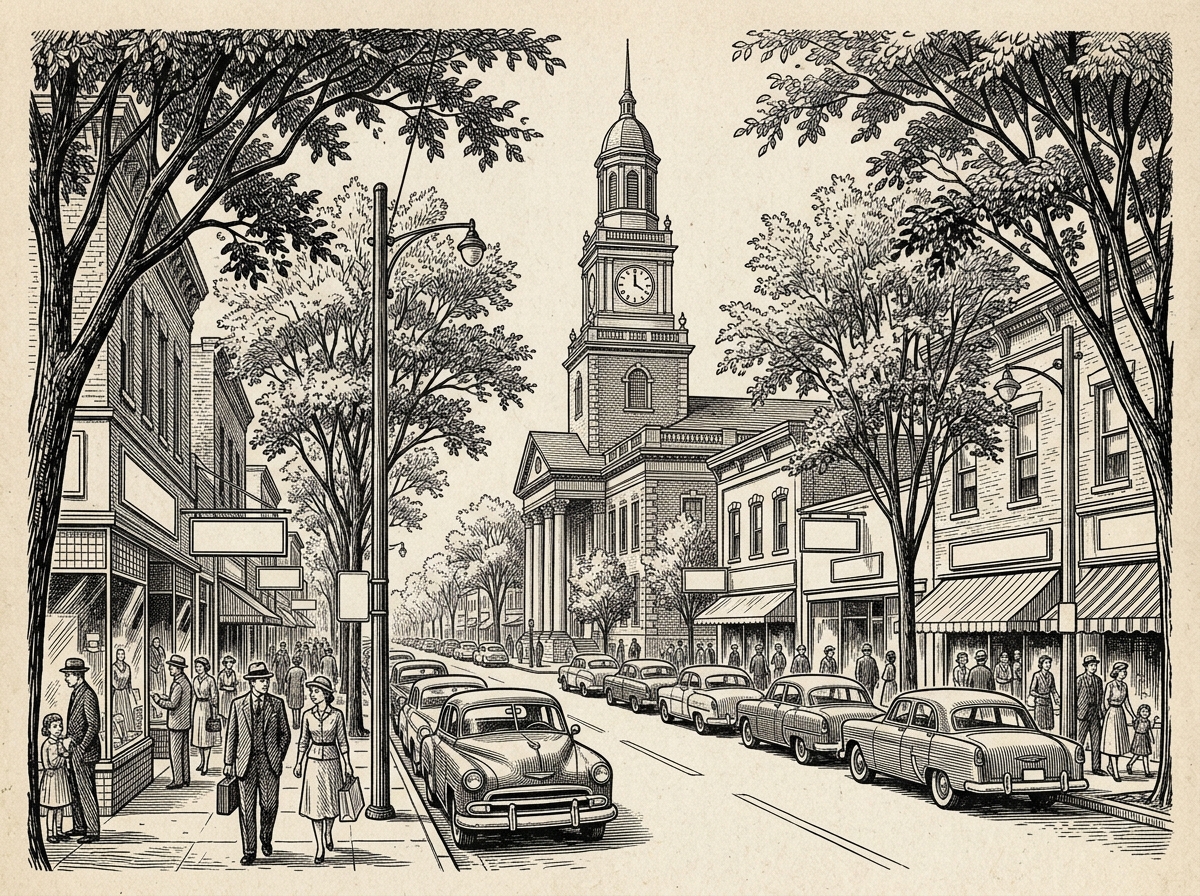 Mid-century American Main Street illustration featured in Hometown History Gazette editions