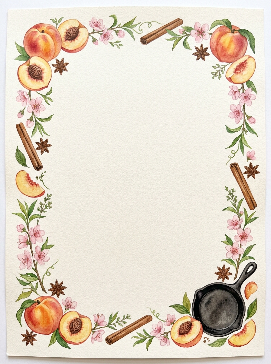Georgia Peaches and Cast-Iron Skillet botanical recipe plate