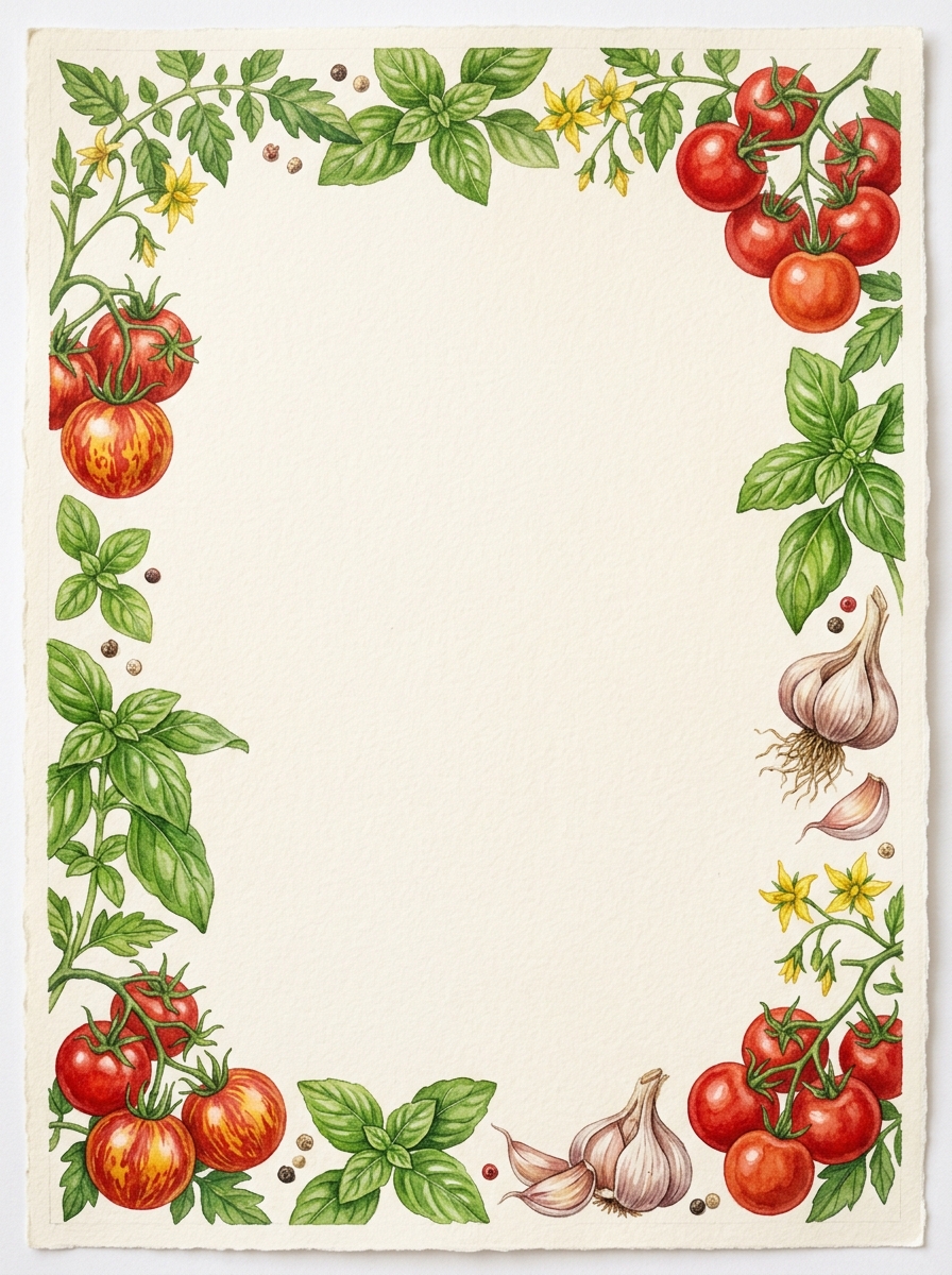 Heirloom Tomatoes, Basil and Garlic botanical recipe plate in 1954 Royal typewriter script