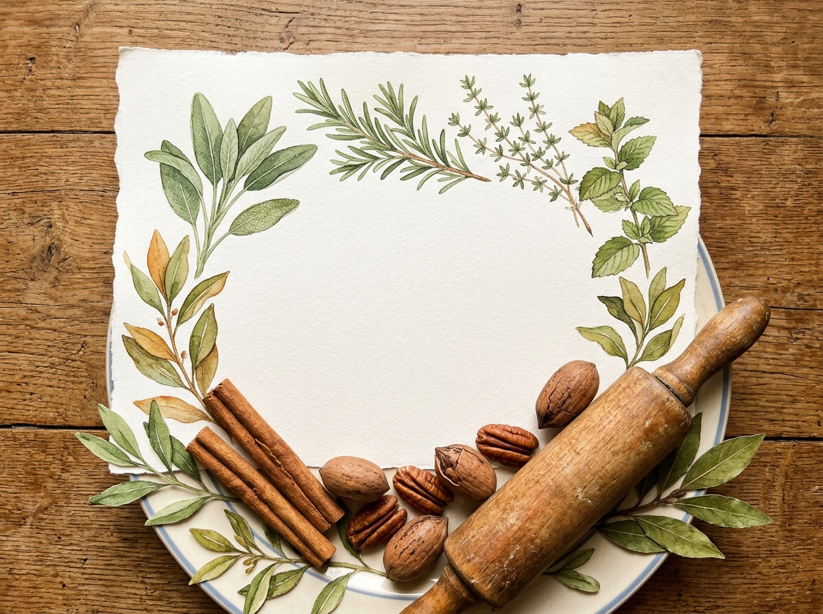 Handwritten family cinnamon roll recipe framed inside a botanical watercolor border